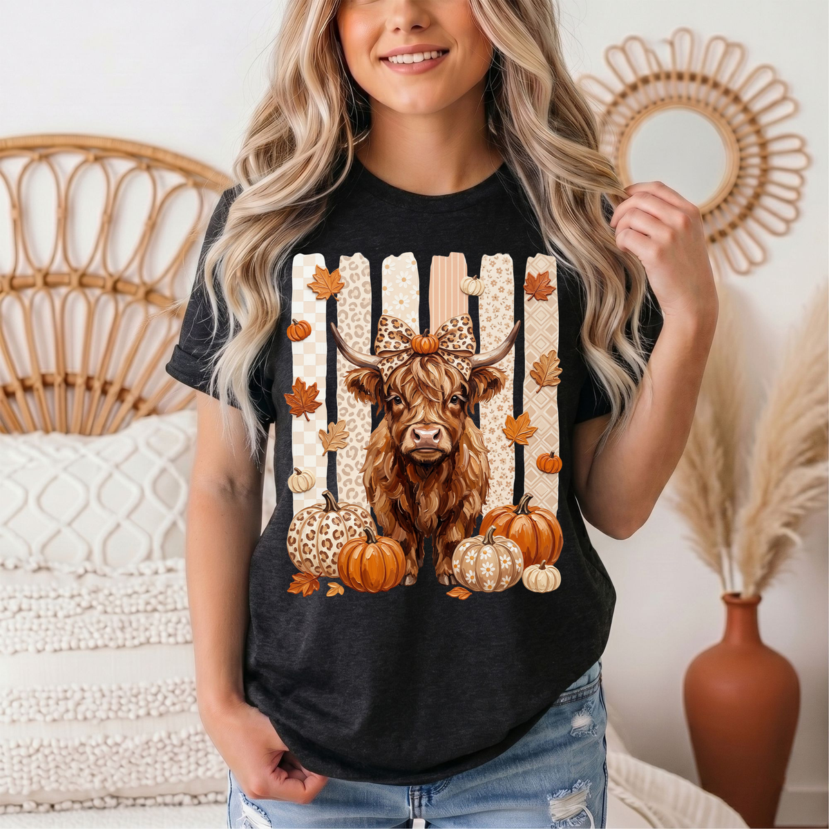 Fall Highland Cow Leopard Bow & Pumpkin Graphic Tee