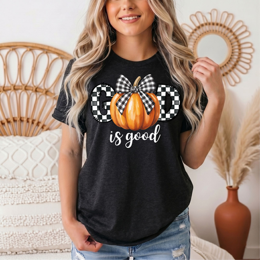 God Is Good Pumpkin & Gingham Bow Graphic Tee