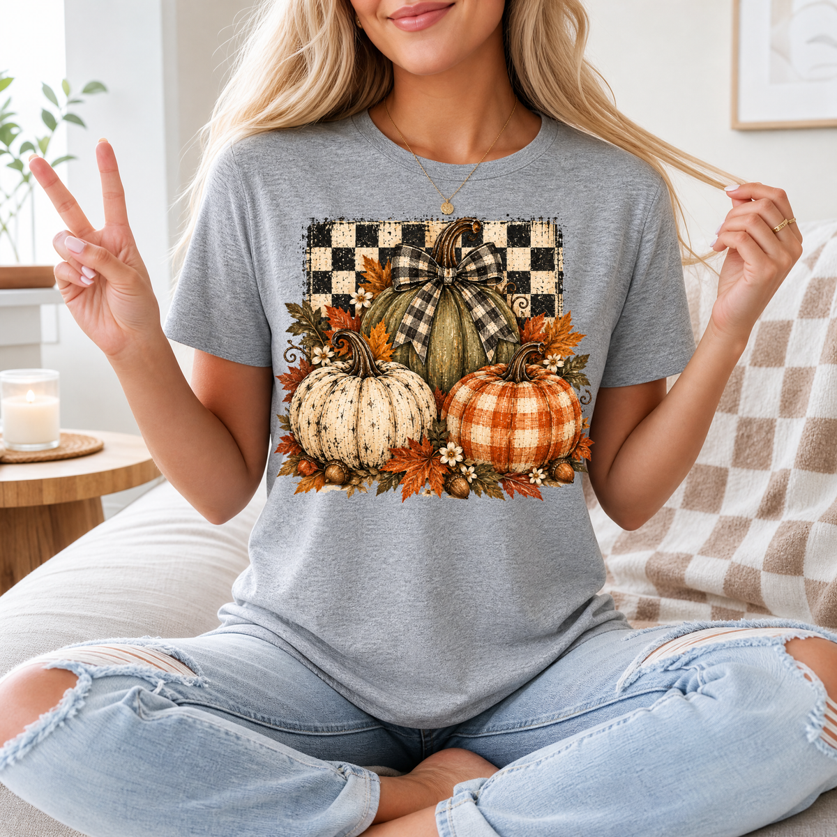 Rustic Fall Pumpkin Trio & Gingham Bow Graphic Tee