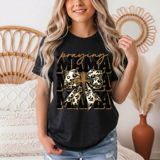 Praying Mama Leopard Bow & Cross Graphic Tee