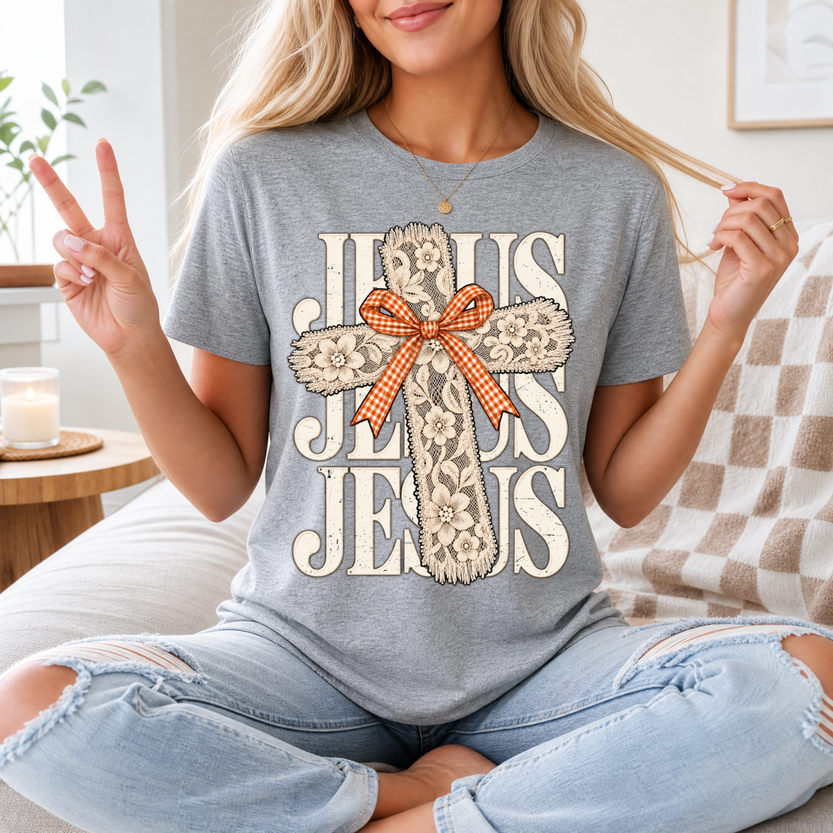 Jesus Lace Cross & Gingham Bow Christian Graphic Tee