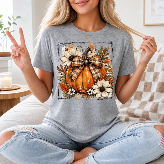 Fall Pumpkin Floral & Plaid Bow Graphic Tee