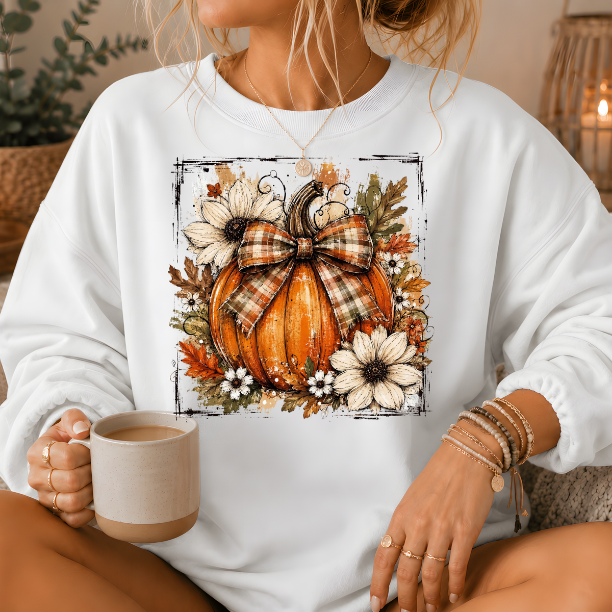Pumpkin Plaid Bow Floral Crewneck Sweatshirt