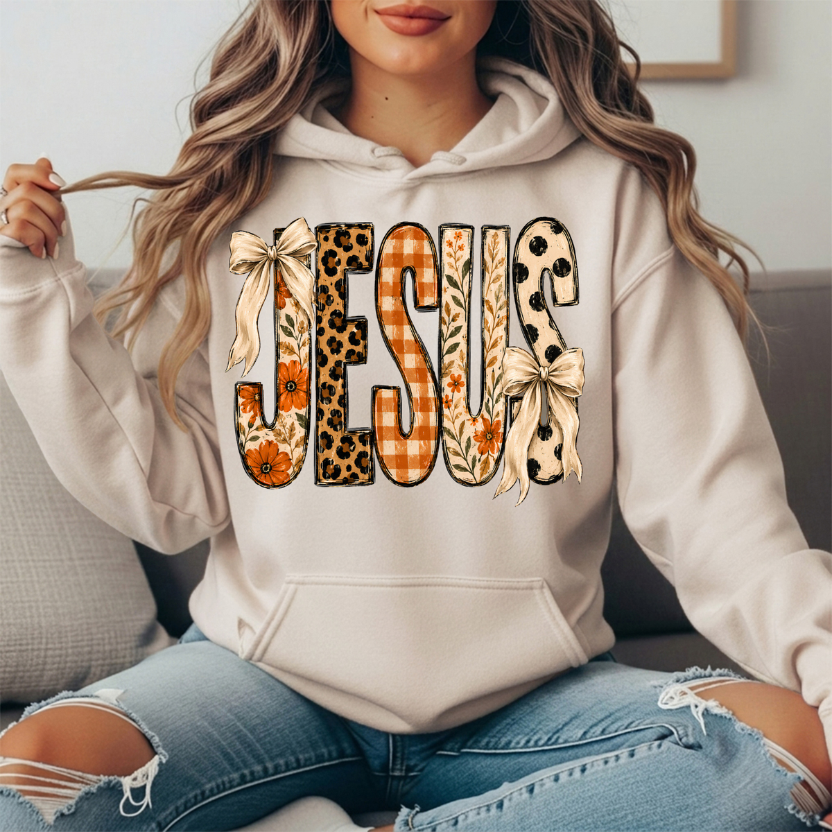 Jesus Patchwork Floral & Bow Graphic Hoodie