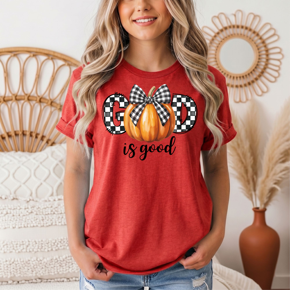 God Is Good Pumpkin & Gingham Bow Graphic Tee