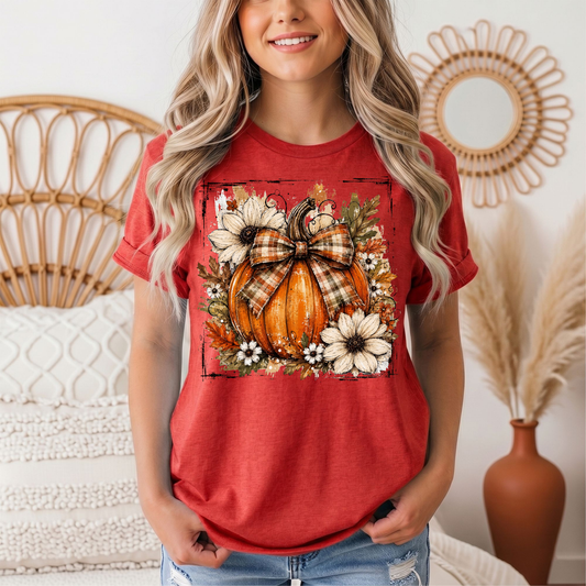 Fall Pumpkin Floral & Plaid Bow Graphic Tee
