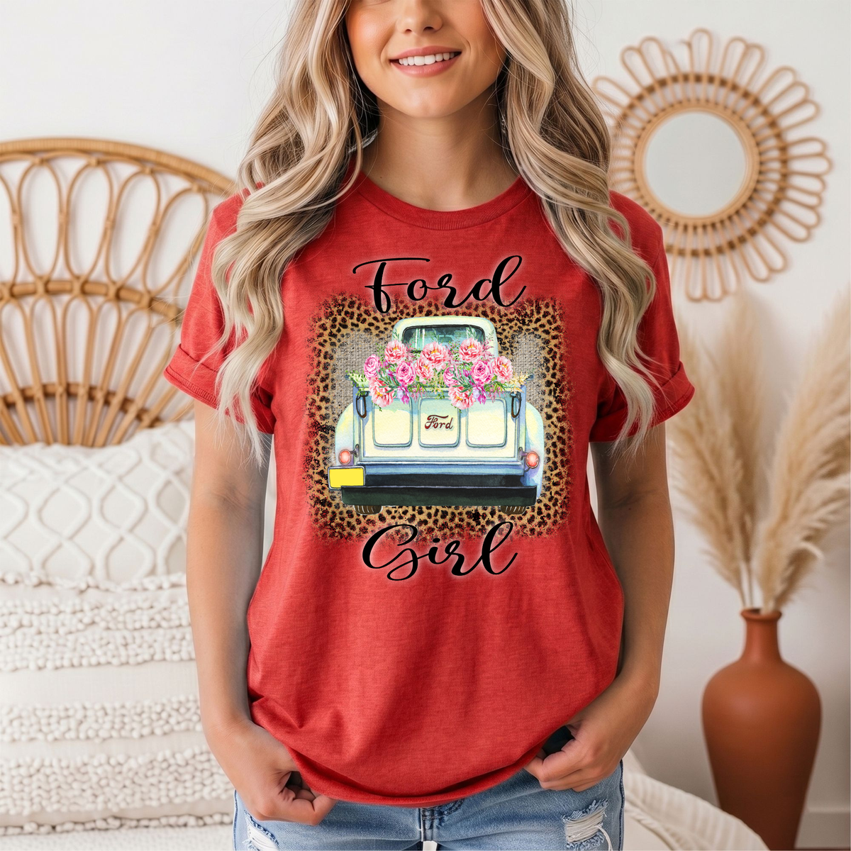 Ford Girl Floral Vintage Truck & Leopard Graphic Tee