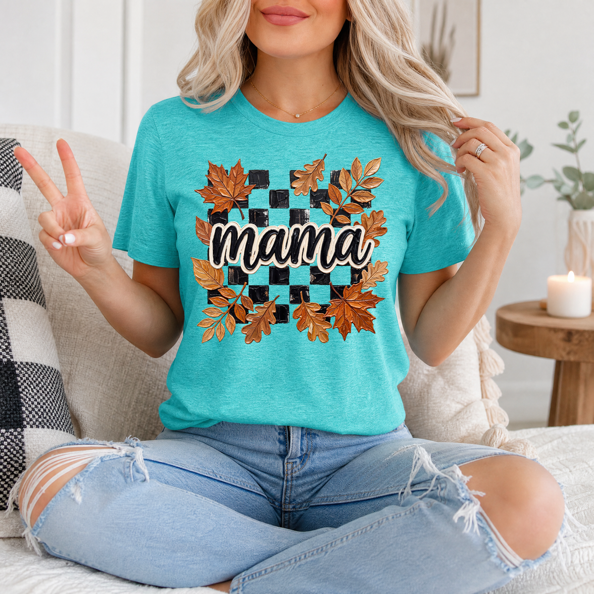 Mama Fall Leaves & Checkerboard Graphic Tee