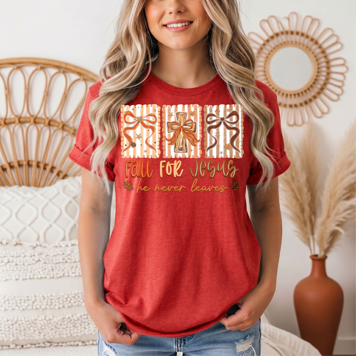 Fall for Jesus He Never Leaves Christian Graphic Tee