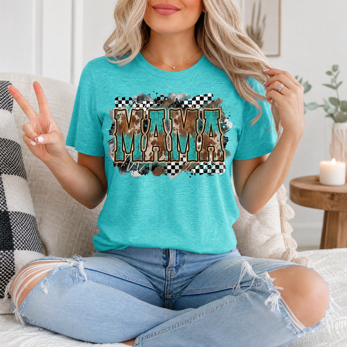 Western Mama Turquoise & Checkerboard Graphic Tee