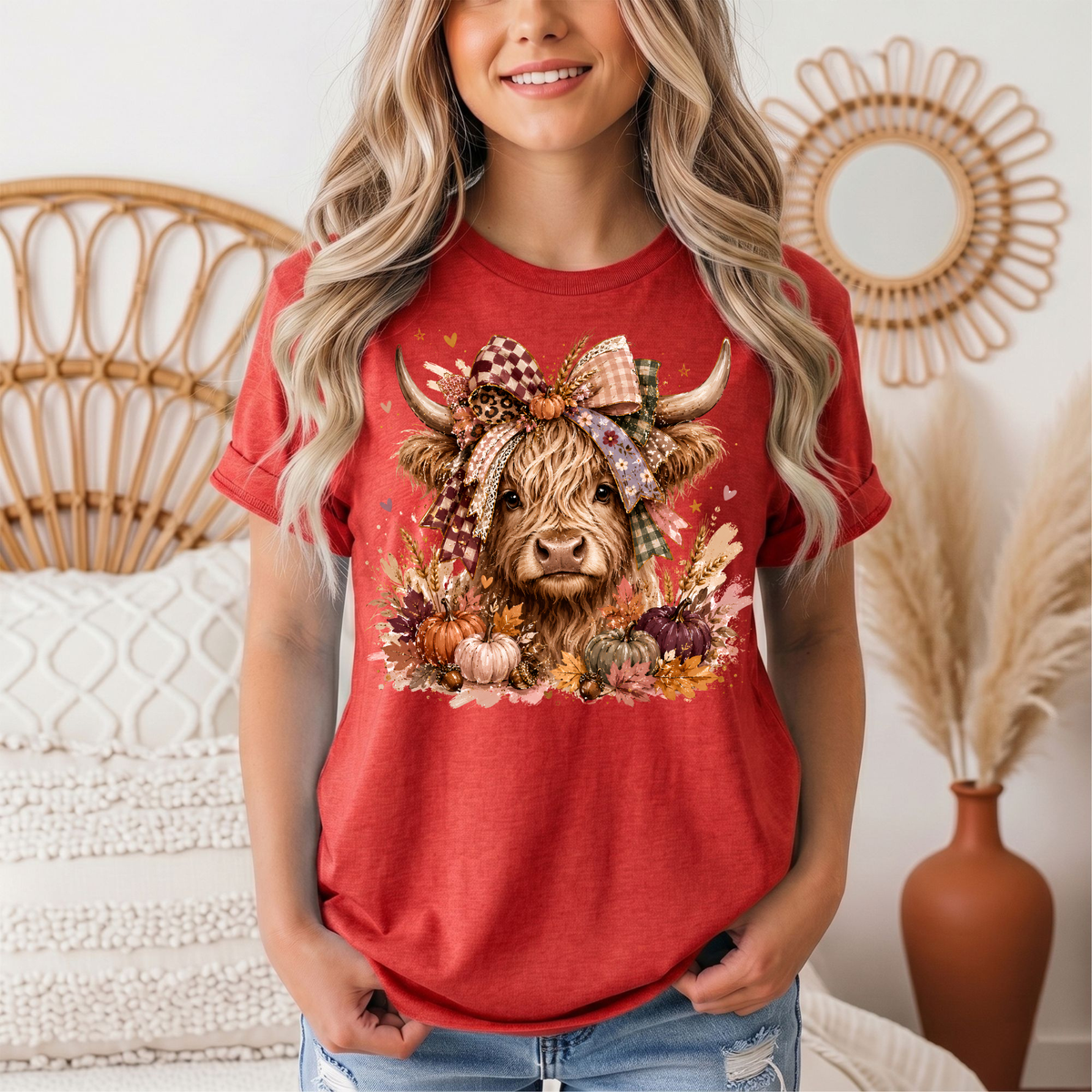 Fall Highland Cow Bow & Pumpkins Graphic Tee