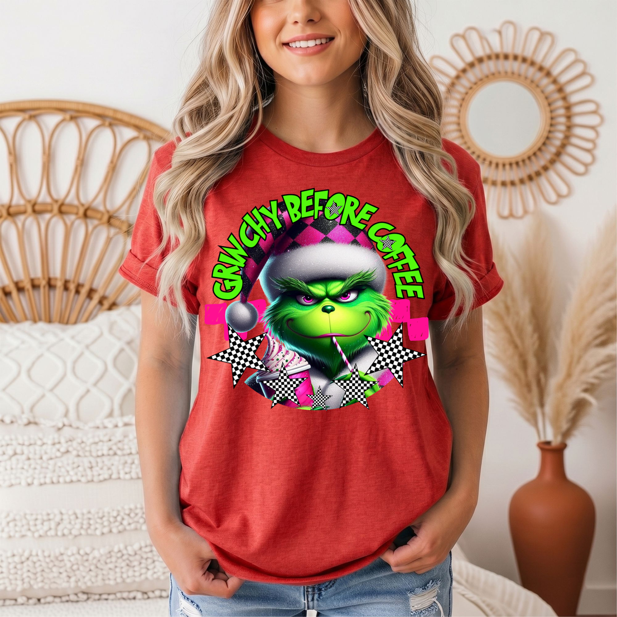 Grinchy Before Coffee Pink Checkerboard Christmas Graphic Tee