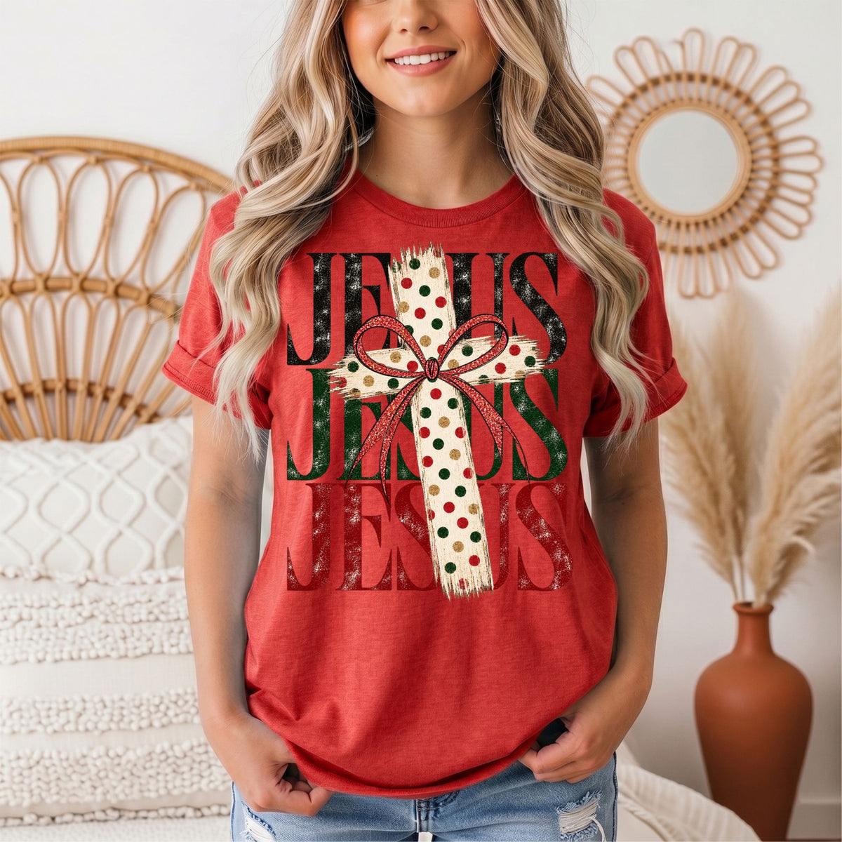Jesus Christmas Cross & Bow Graphic Tee