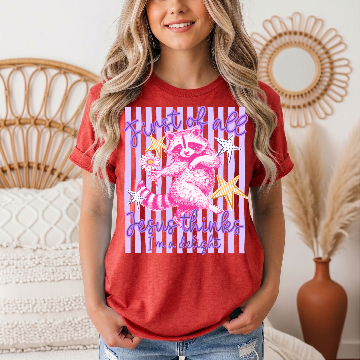 Jesus Thinks I'm a Delight Pink Raccoon Graphic Tee