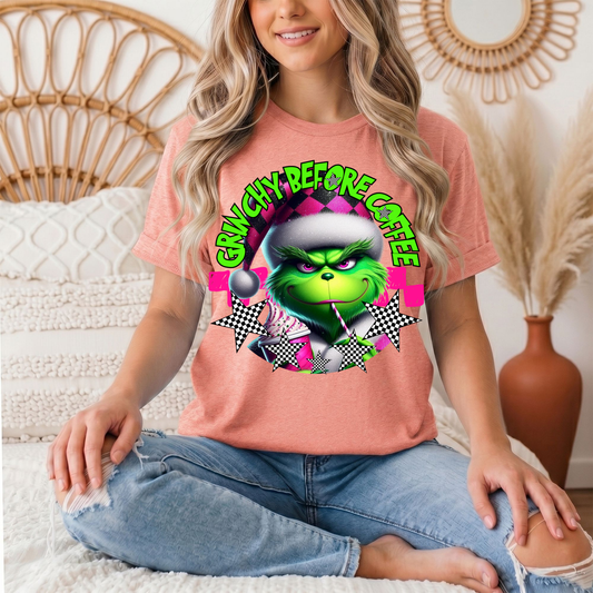 Grinchy Before Coffee Pink Checkerboard Christmas Graphic Tee