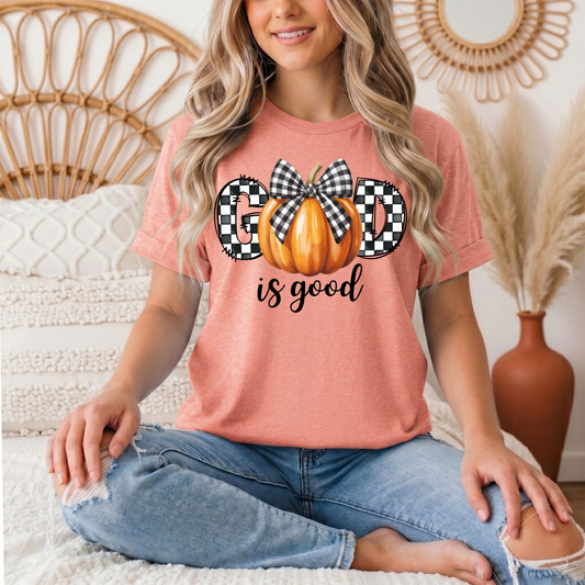 God Is Good Pumpkin & Gingham Bow Graphic Tee