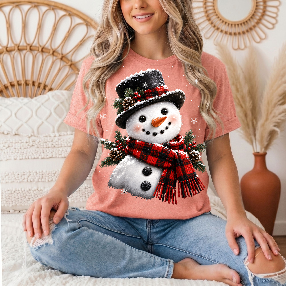 Snowman Buffalo Plaid Scarf Christmas Graphic Tee