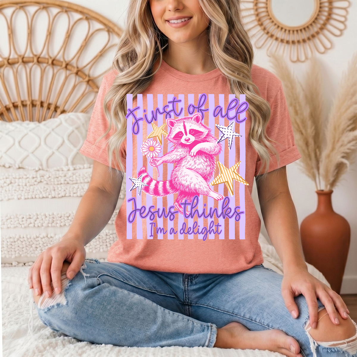 Jesus Thinks I'm a Delight Pink Raccoon Graphic Tee