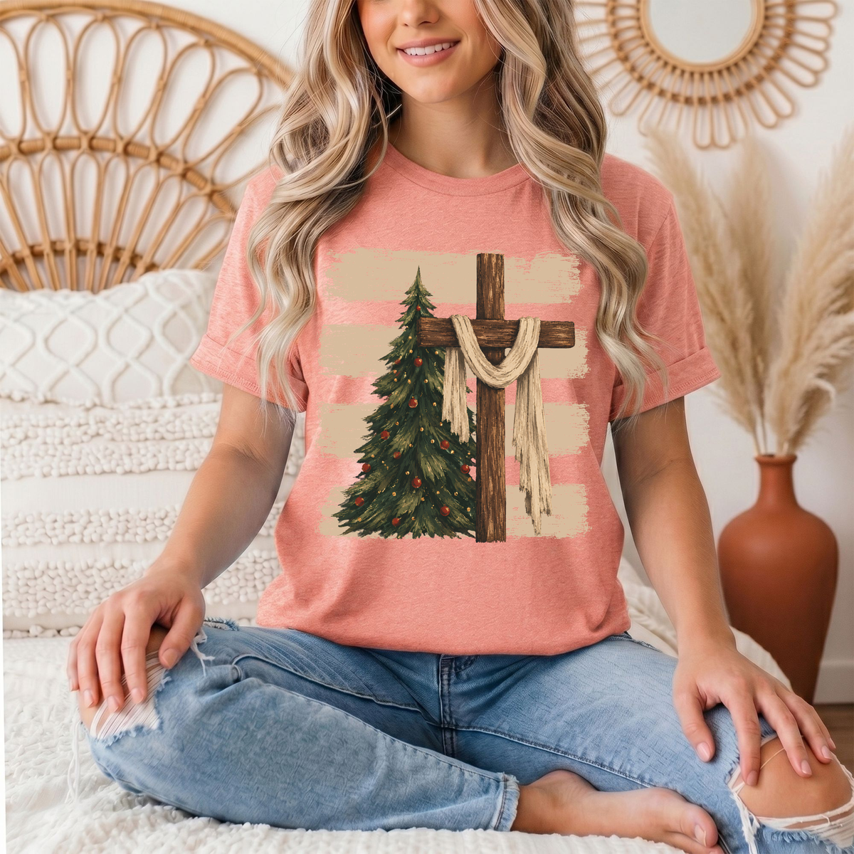 Rustic Cross & Christmas Tree Christian Graphic Tee
