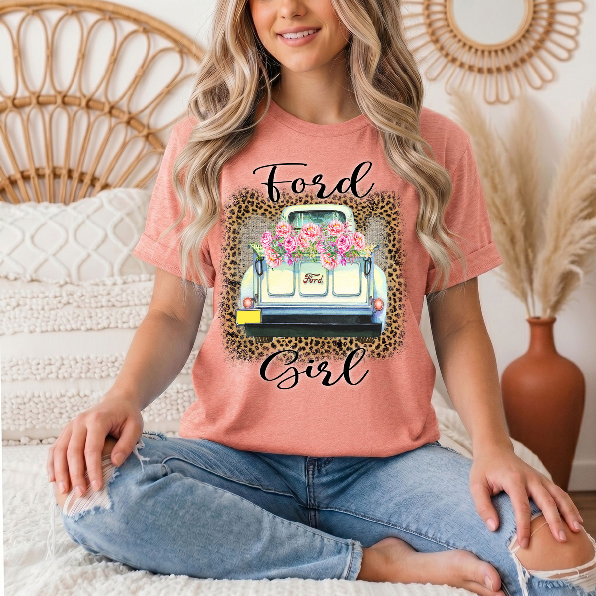 Ford Girl Floral Vintage Truck & Leopard Graphic Tee