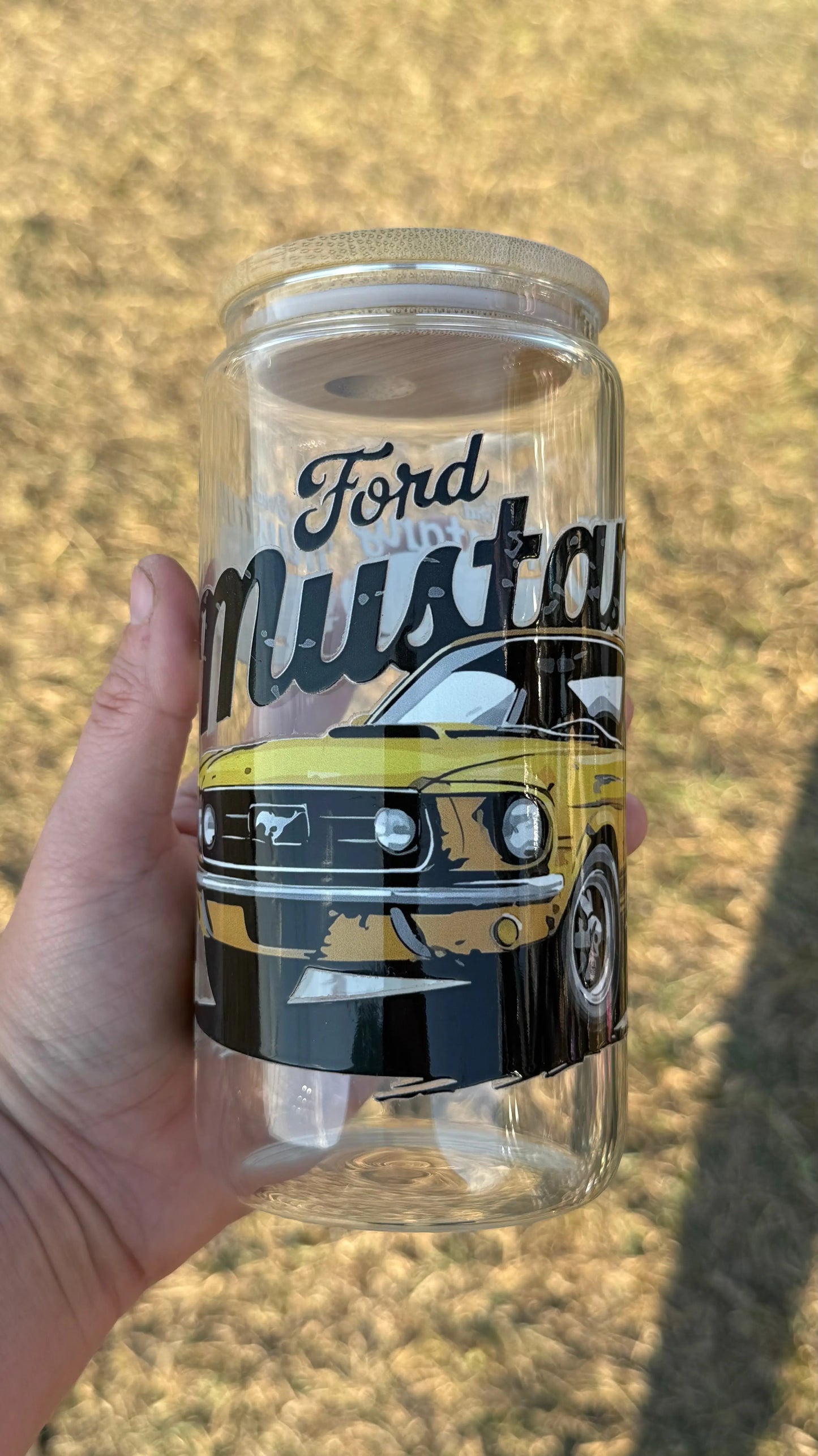 Yellow mustang 16oz Glass Libby K's Crafty Vibes Co.