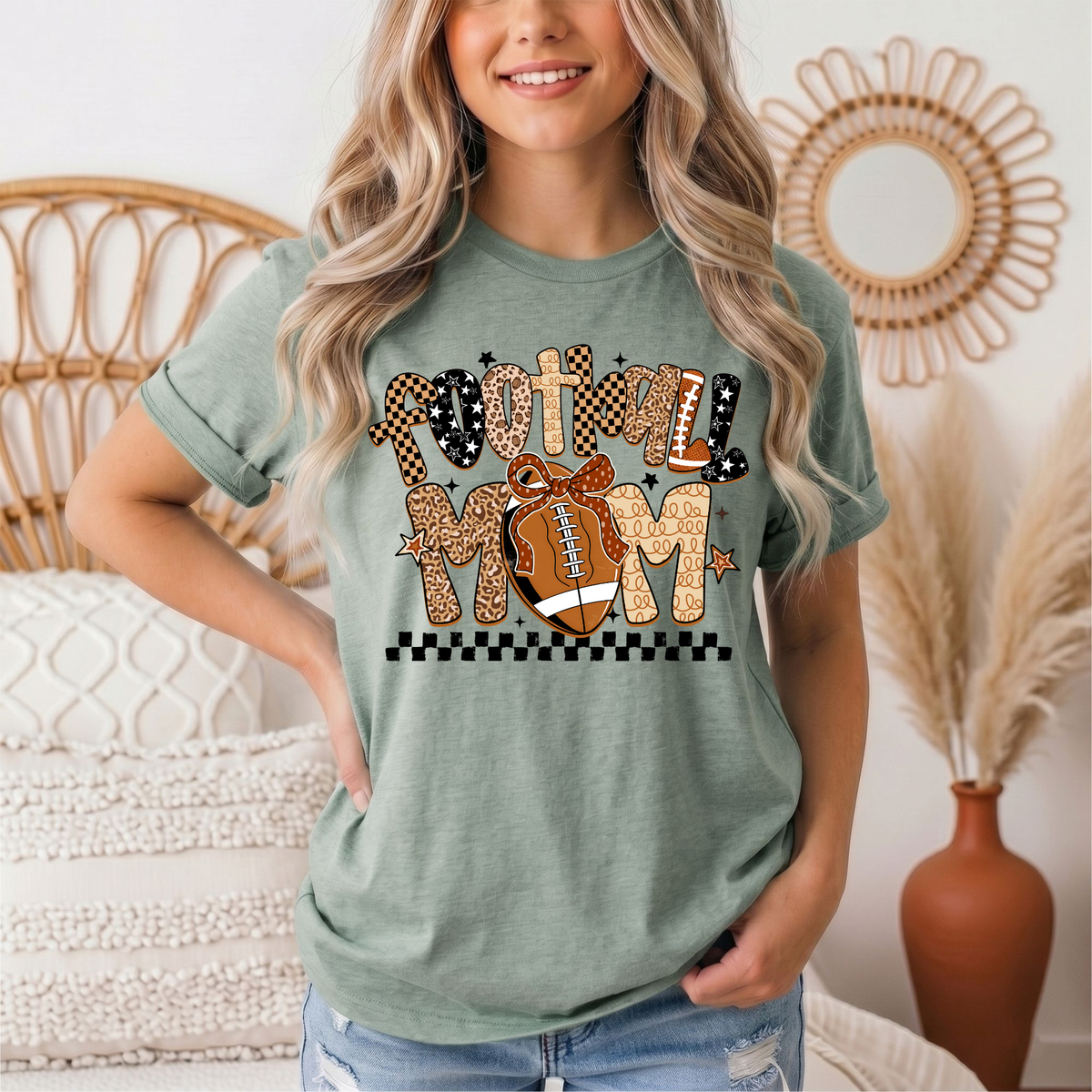 Football Mom Mixed Print Bow & Checkerboard Graphic Tee