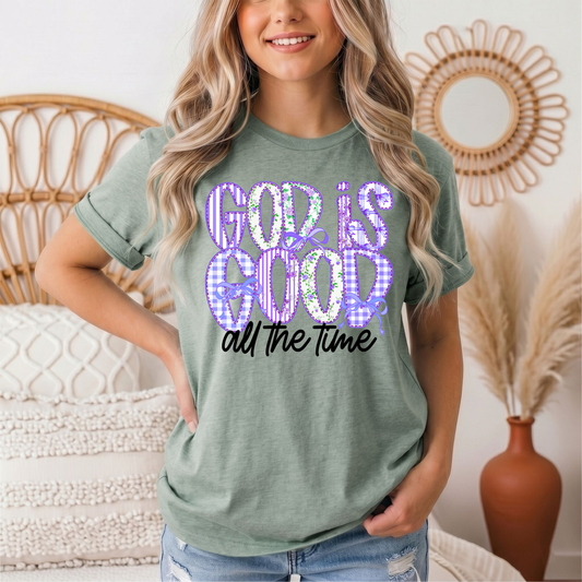 God Is Good All the Time Purple Bow Graphic Tee