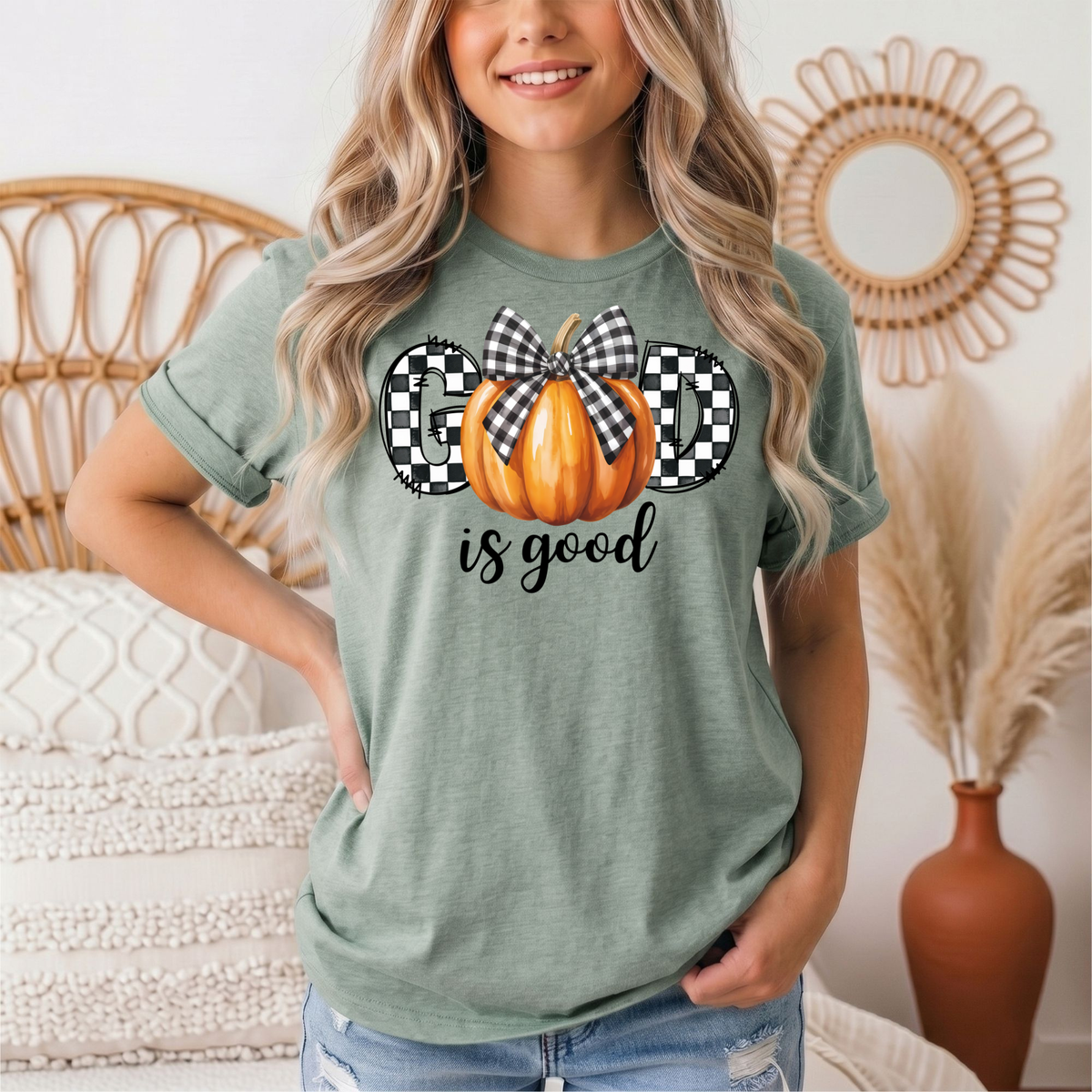 God Is Good Pumpkin & Gingham Bow Graphic Tee