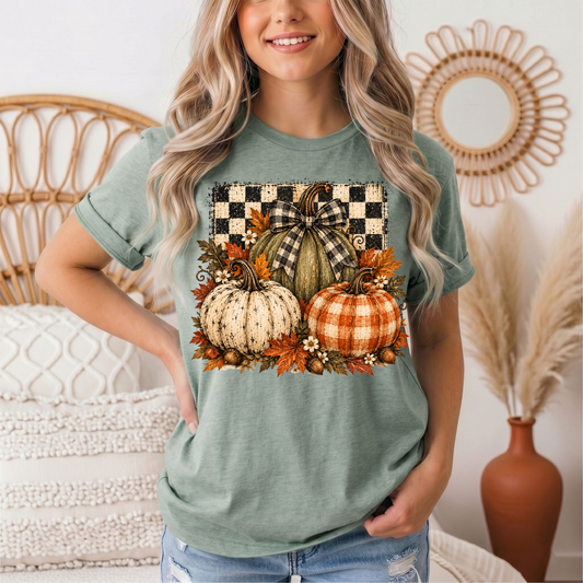 Rustic Fall Pumpkin Trio & Gingham Bow Graphic Tee