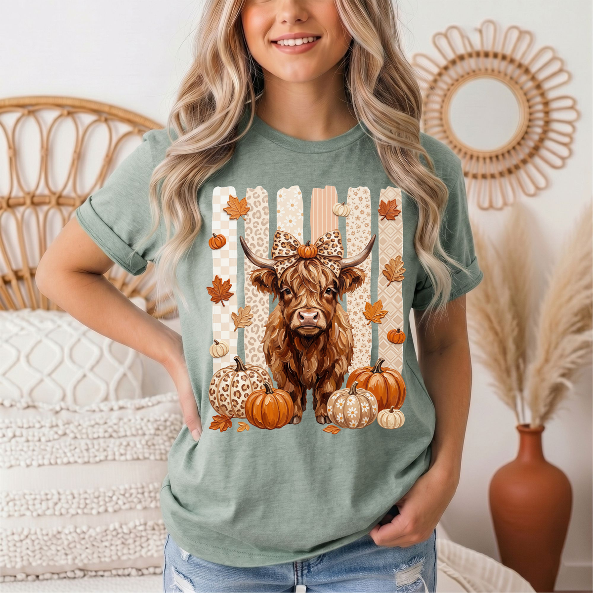 Fall Highland Cow Leopard Bow & Pumpkin Graphic Tee