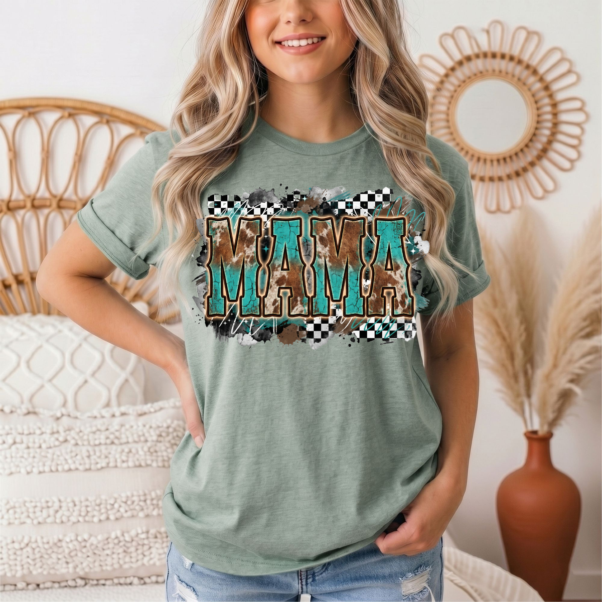 Turquoise & Cow Print Mama Western Graphic Tee