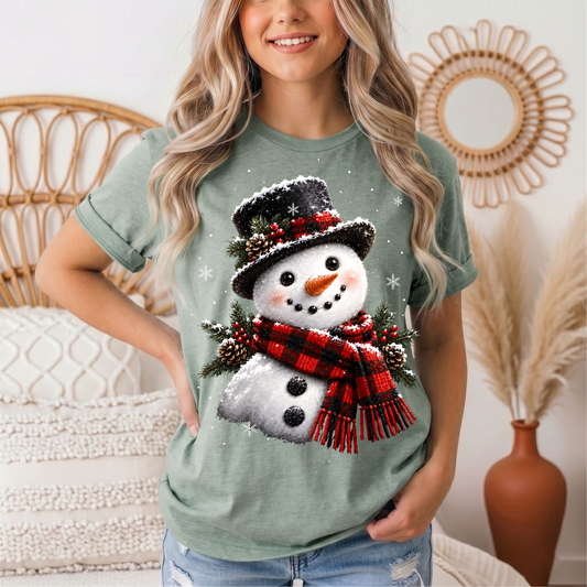 Snowman Buffalo Plaid Scarf Christmas Graphic Tee