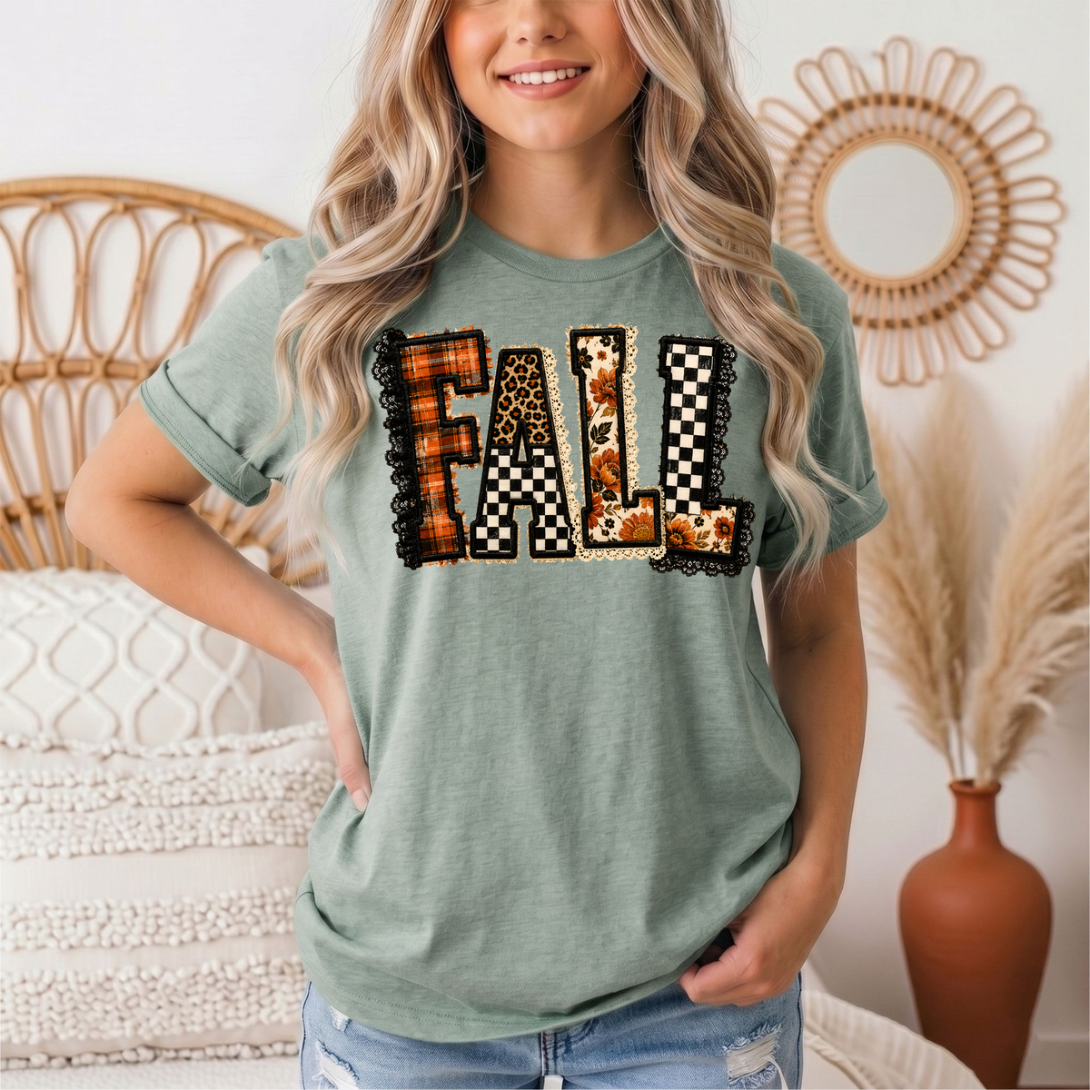 Fall Plaid Leopard & Floral Patchwork Graphic Tee