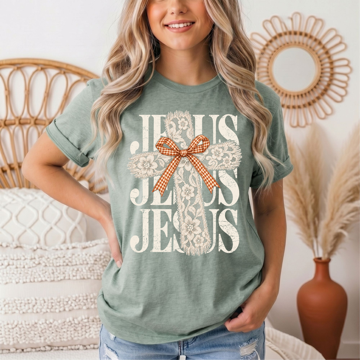 Jesus Lace Cross & Gingham Bow Christian Graphic Tee
