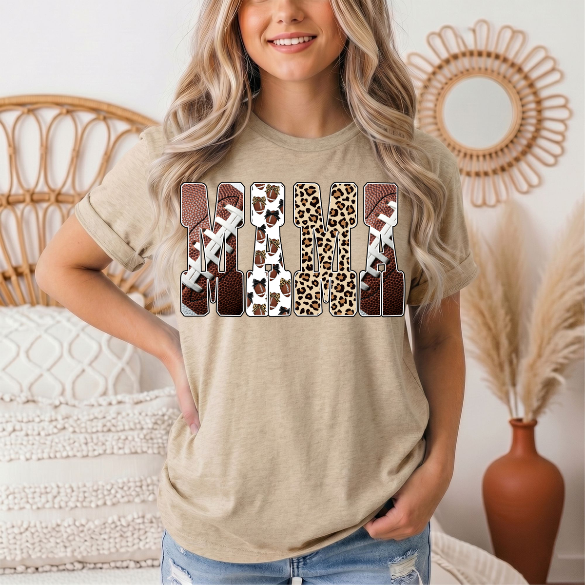 Mama Football & Leopard Mixed Print Graphic Tee