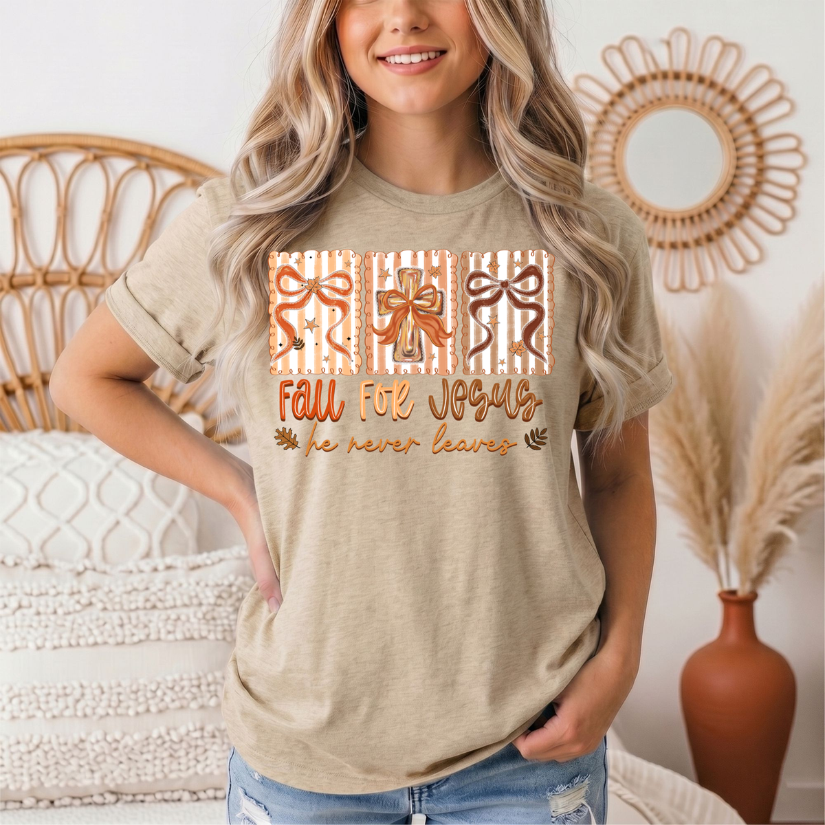 Fall for Jesus He Never Leaves Christian Graphic Tee