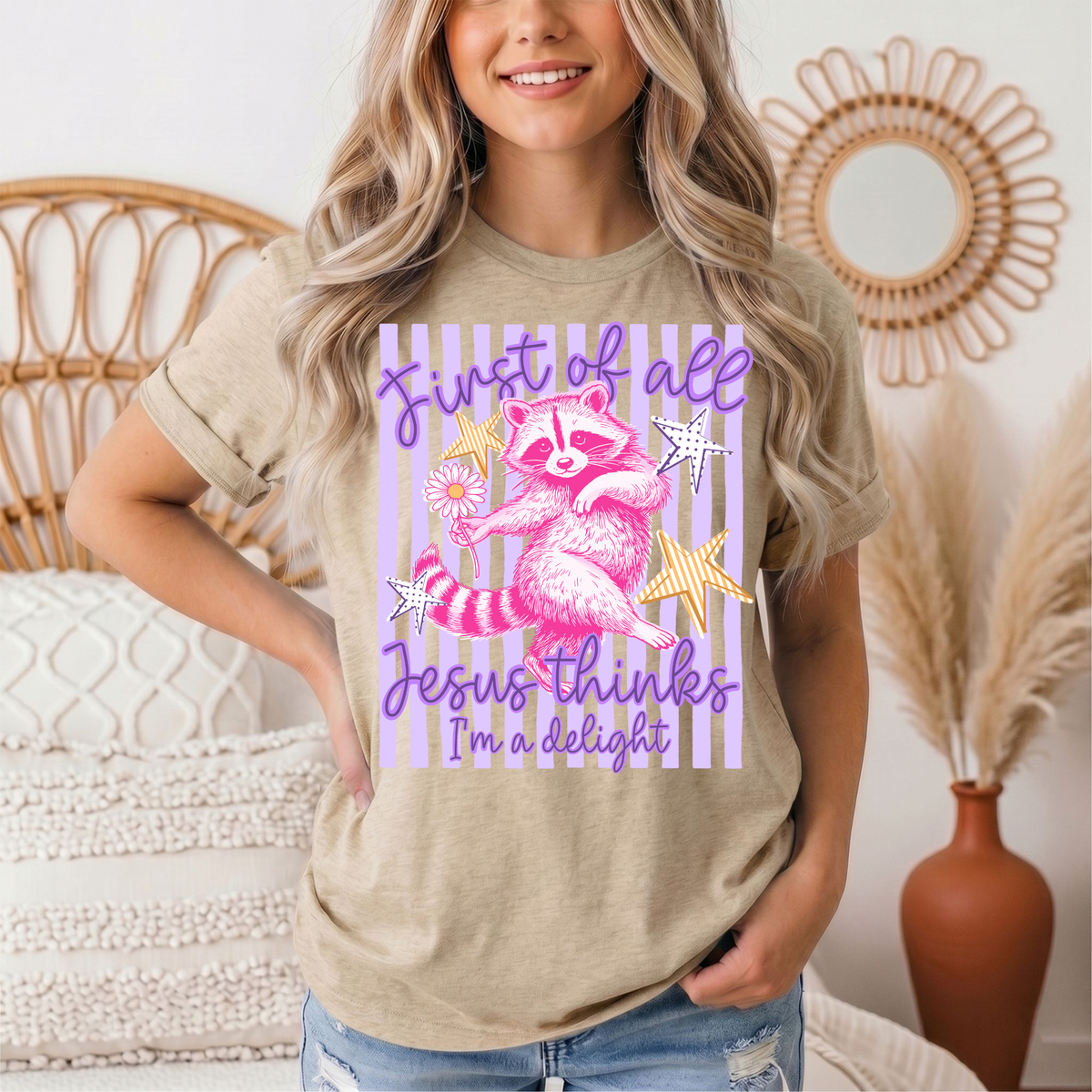 Jesus Thinks I'm a Delight Pink Raccoon Graphic Tee