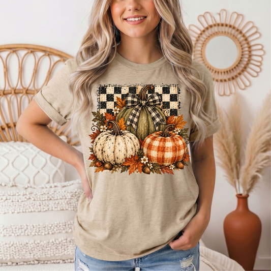 Rustic Fall Pumpkin Trio & Gingham Bow Graphic Tee
