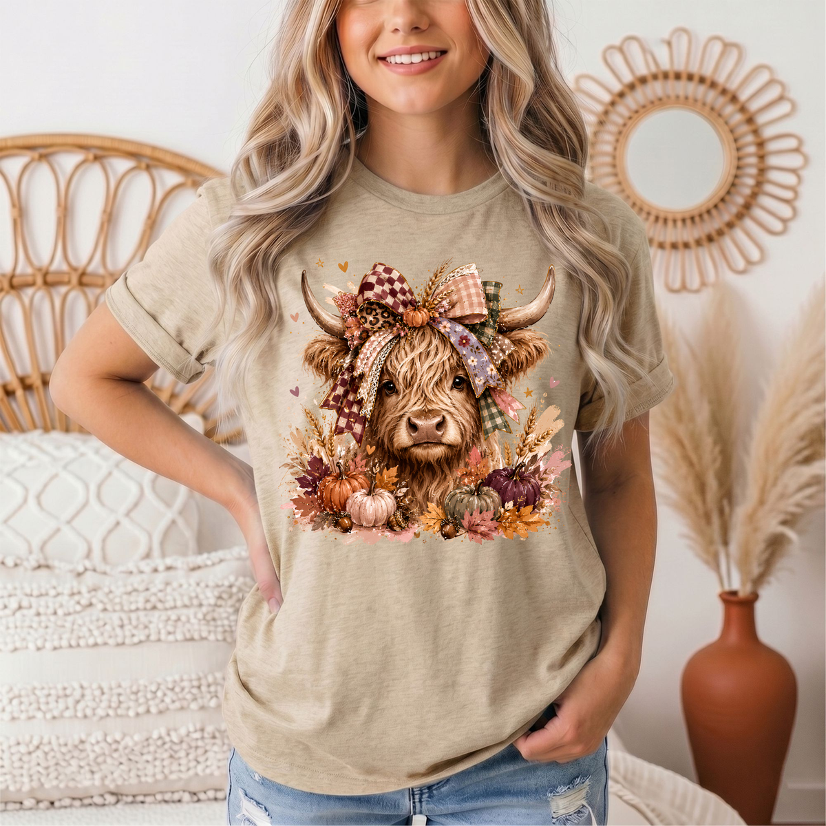 Fall Highland Cow Bow & Pumpkins Graphic Tee