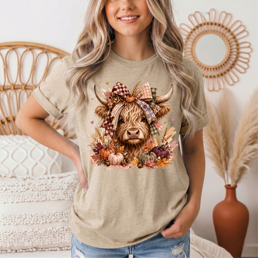 Fall Highland Cow Bow & Pumpkins Graphic Tee
