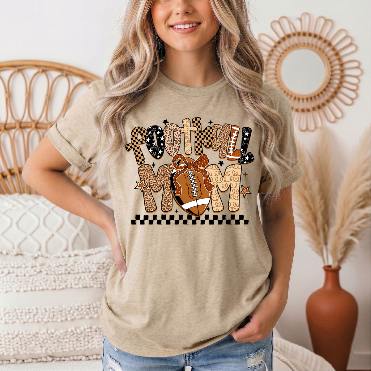 Football Mom Mixed Print Bow & Checkerboard Graphic Tee