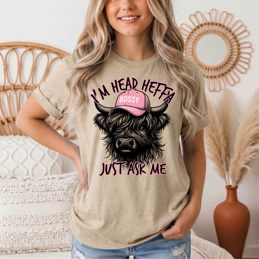 I'm Head Heffa Highland Cow Pink Bossy Cap Graphic Tee