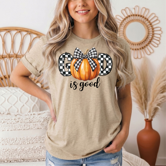 God Is Good Pumpkin & Gingham Bow Graphic Tee