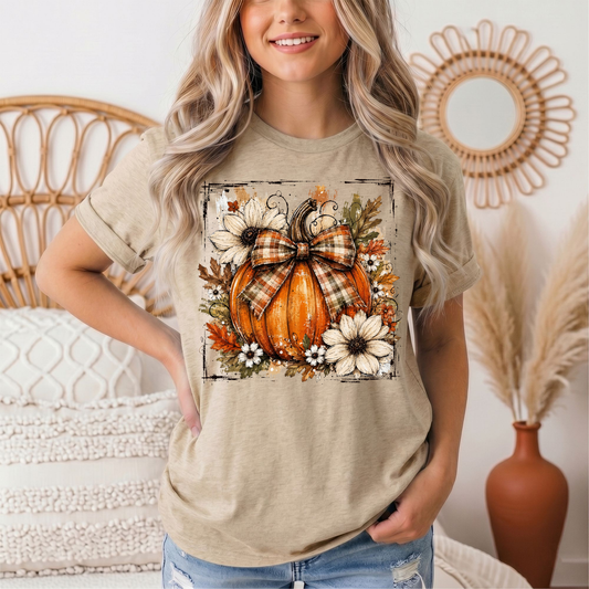 Fall Pumpkin Floral & Plaid Bow Graphic Tee