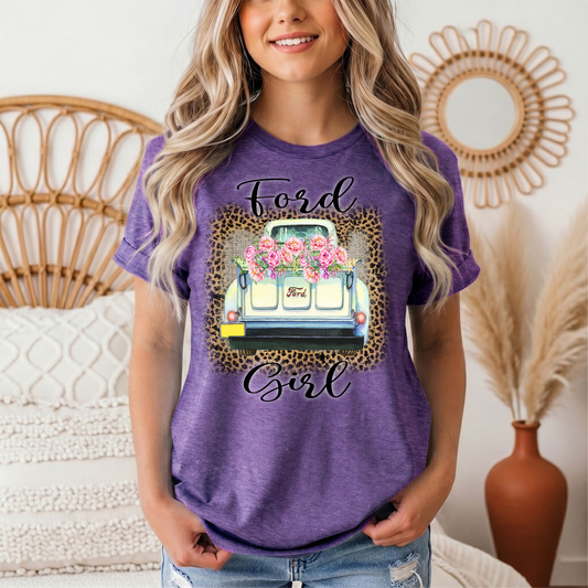 Ford Girl Floral Vintage Truck & Leopard Graphic Tee