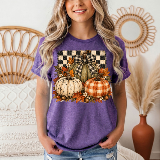 Rustic Fall Pumpkin Trio & Gingham Bow Graphic Tee