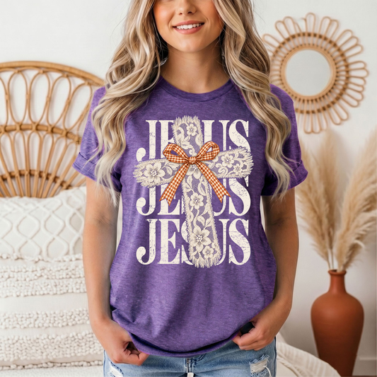 Jesus Lace Cross & Gingham Bow Christian Graphic Tee