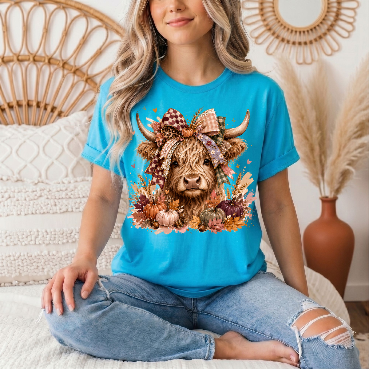 Fall Highland Cow Bow & Pumpkins Graphic Tee