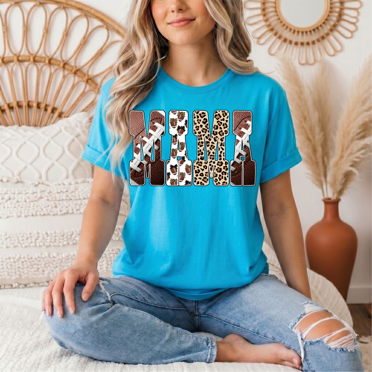 Mama Football & Leopard Mixed Print Graphic Tee