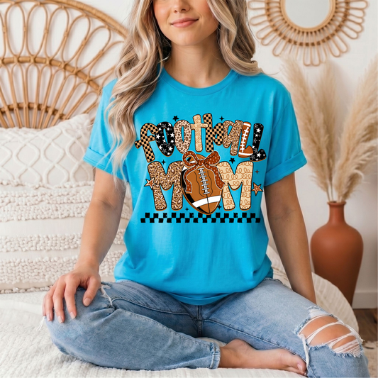 Football Mom Mixed Print Bow & Checkerboard Graphic Tee
